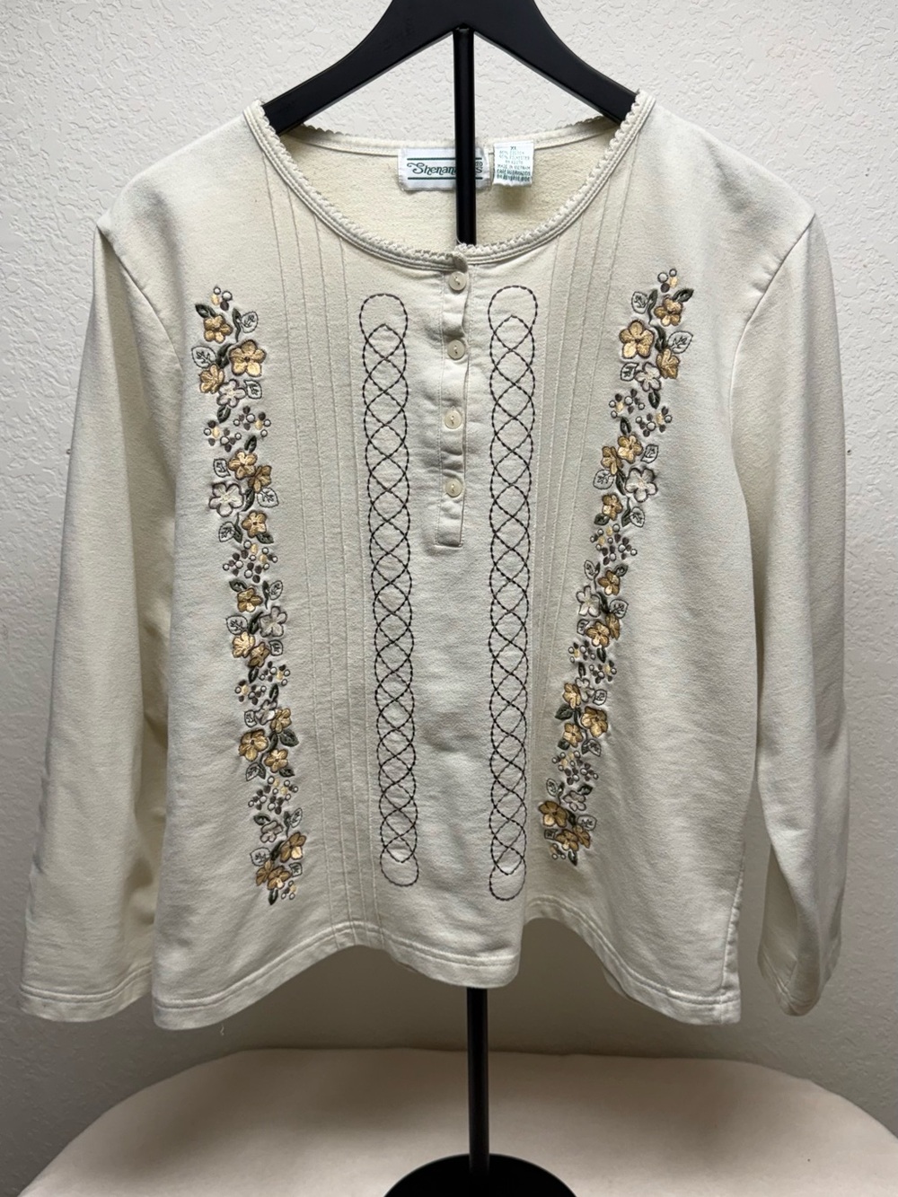 Shenanigans Vintage Cottage core Cream Long-Sleeve Henley with Floral Embroidery